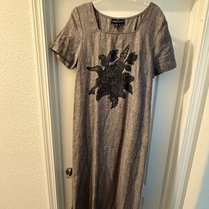 Carole Little Linen Charcoal Floral Midi Dress